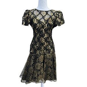 Vintage HW Collections Gold And Black Lace Sequin Formal Dress Gown Size 4